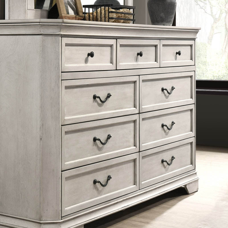 9 tiroirs l 59,5 po avec miroir Ailany, Blanc antique