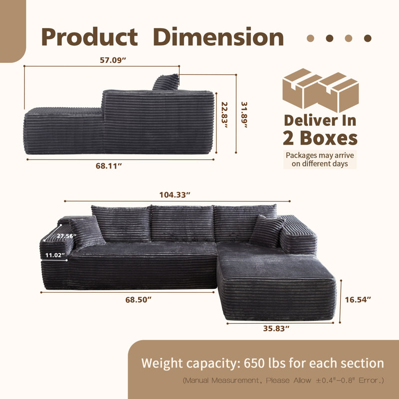 Canapé modulaire rembourré 2 pièces Kailayah, Polyester gris, Orienté à droite
