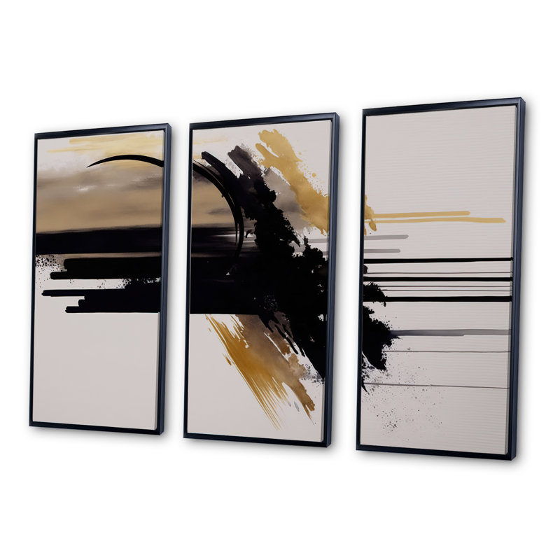 Golden Minimalist Abstract III - ensemble de 3 reproductions, Cadre noir, H 28 po x l 36 po x P 1 po