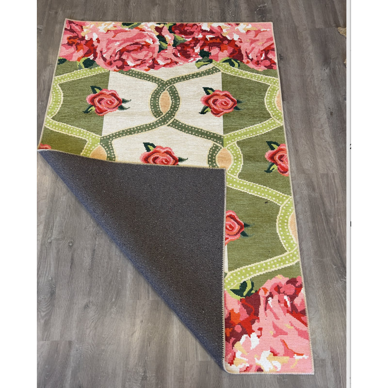 Green-Themed Rose Patterned Floret Rug, Rectangle 4'11" x 7'6"