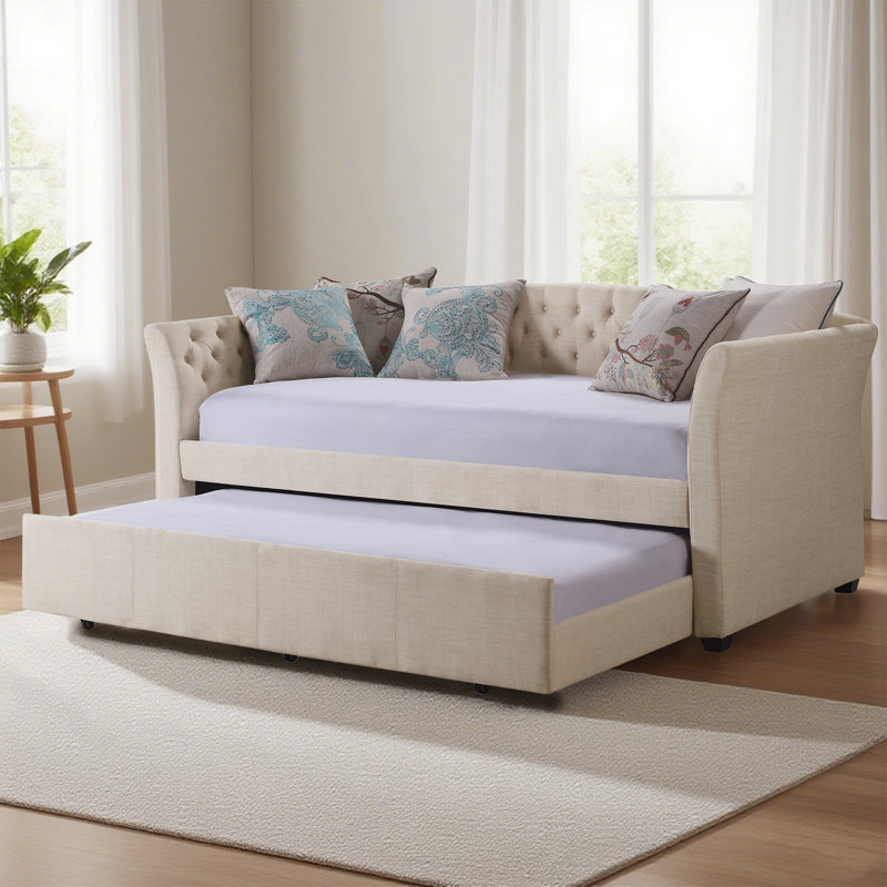 Upholstered Twin Daybed with Trundle and Tufted Button Daybed Frame, for Living Room, Bedroom, Guest Room