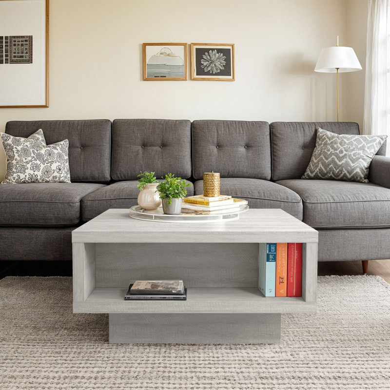 Caomhan Pedestal Coffee Table with Storage, Dusty Gray Oak