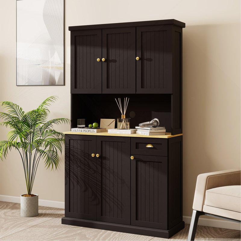Armoire de rangement pour garde-manger de 71 po avec comptoir de four à micro-ondes, armoire de bahut autoportante avec tablettes réglables, 6 portes et 1 tiroir noir