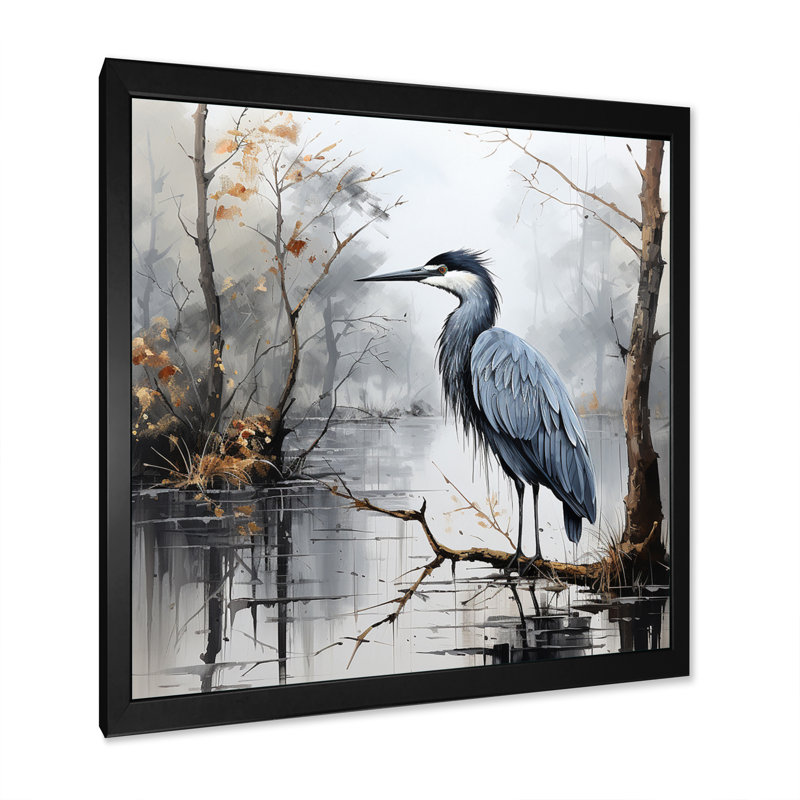 Heron Solitary Reflections Pointillism III - Animals Wall Art Prints, Cadre simple noir, H 36 po x l 36 po x P 1,5 po