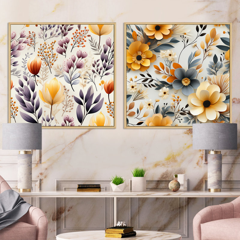 Ambroise - Ensemble de 2 collages floraux carrés, Cadre flottant brun, H 30 po x l 61 po