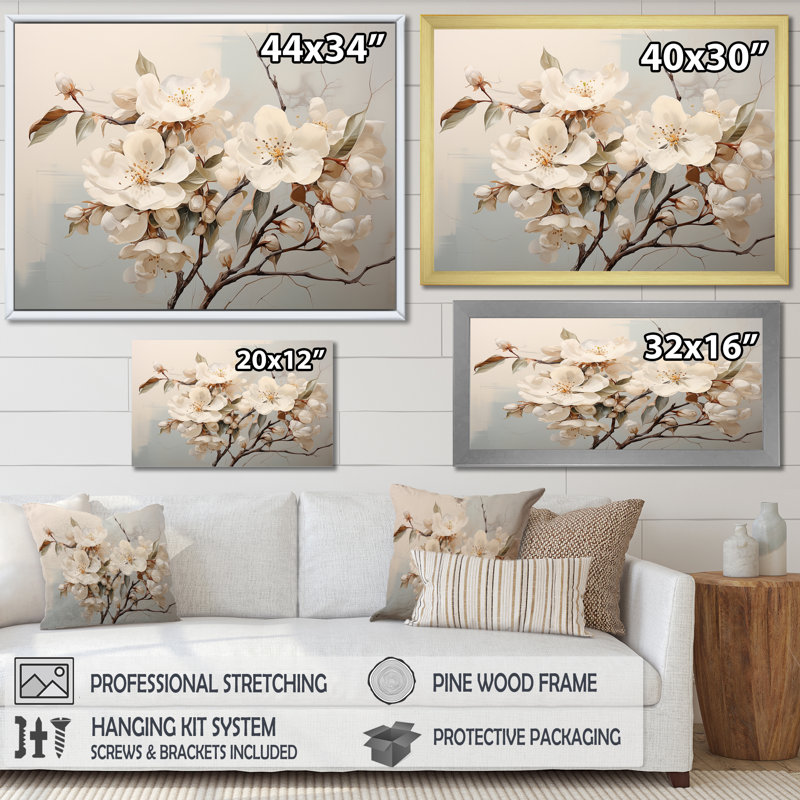 White Apple Blossom Whispers II, Encadrement doré, H 30 po x l 40 po x P 1,5 po