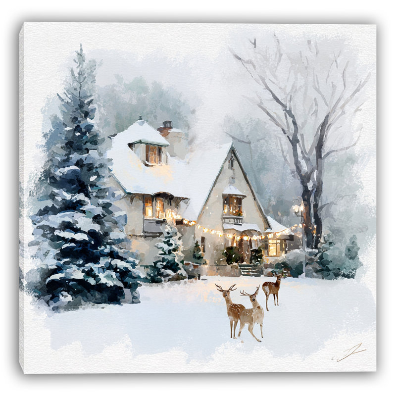 Art mural sur toile enneigé manoir et trois cerfs, H 40 po x l 40 po