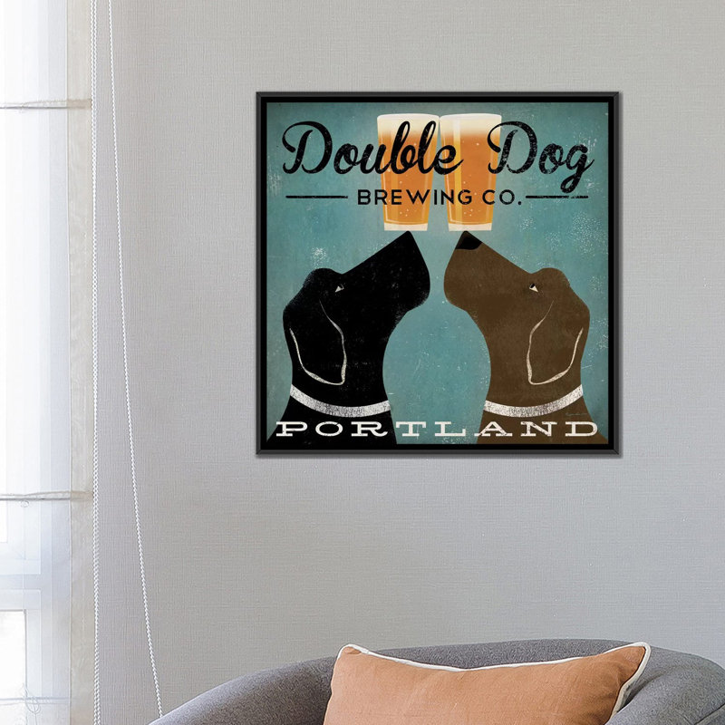 « the double dog brassing co. », impression sur toile tendue, H 18 po x l 18 po x P 1,5 po, Toile encadrée noire