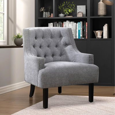 Chaise de salon en tissu de chenille gris avec structure en bois massif et bouton à hauteur d'accoudoir - Accent pour une décoration moderne
