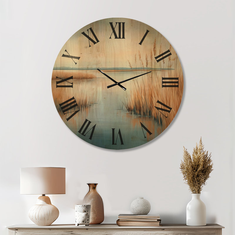 Golden Marsh Reeds II - Horloge murale surdimensionnée de style côtier, imprimée sur bois, Medium