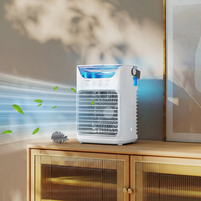 Climatiseur portatif, mini refroidisseur d'air 4 en 1 avec 3 vitesses de vent, 2 brumes fraîches, 7 lumières DEL RVB, minuterie 2 à 6 heures, ventilateur de refroidissement personnel pour la maison, le bureau, la chambre à coucher
