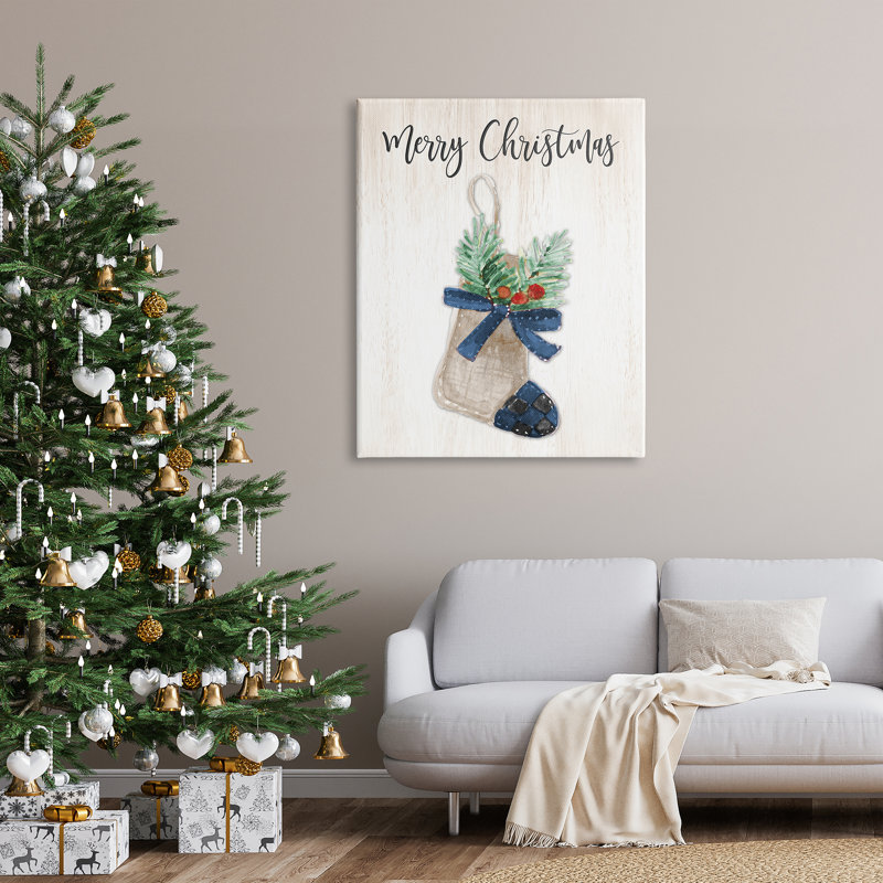 Chaussette de Noël à motif écossais «Merry Christmas» par Lanie Loreth - Peinture, Toile tendue, H 48 po x l 36 po
