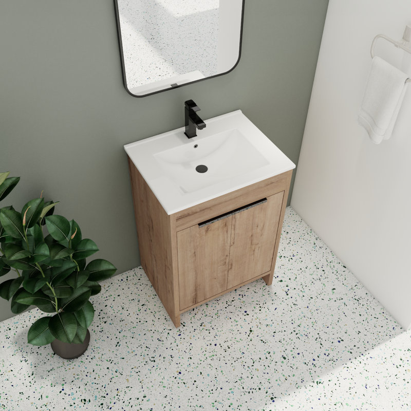 Ensemble de meuble-lavabo simple 24,47 po avec plateau en céramique Adeliz, Imitation chêne