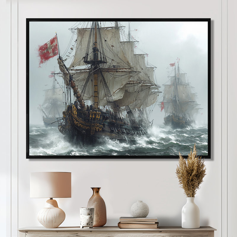 Voilier maritime, expédition «Conquering the Unkown» - bateau, art mural, Toile avec cadre flottant noir