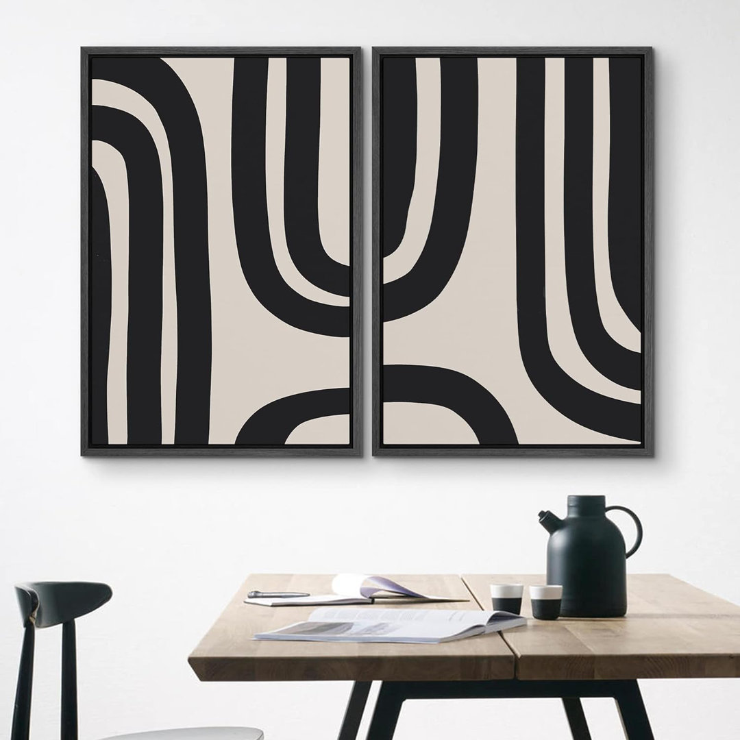 Geometric Line Shape Mid Century Modern Black Abstract Spiral Neutral Decor Framed On Canvas 2 Pieces Print Wall Art IDEA4WALL Frame 