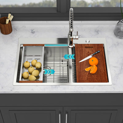 16 Gauge T304 Stainless Steel Double Bowl  60/40  Topmount Drop - In Kitchen Sink 33"X22"X10", Brushed Nickel Finish, X Shaped Water Flow Design, R10 Rounded Corner, Condensation Coating, 3Mm Pad,