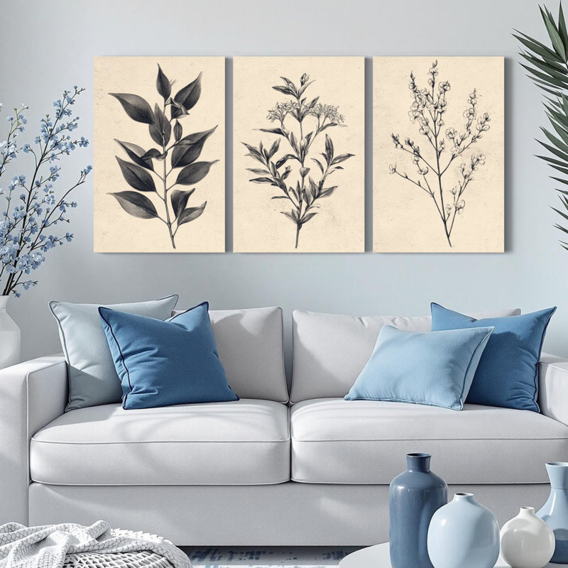 Ensemble de 3 reproductions d'art botanique sur toile à motif de feuilles et de fleurs Botanical, H 30 po x l 60 po