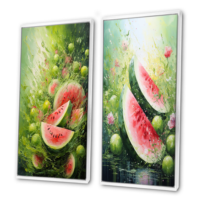 Ensemble de 2 décorations murales vertes et roses Melon Bounty I - Melon, Cadre flottant blanc, H 28 po x l 25 po