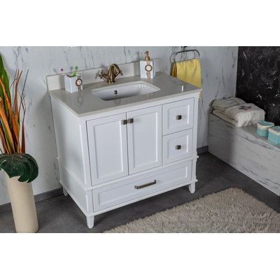 Nera 36"" Free-standing Single Bathroom Vanity with Quartz Vanity Top, Sink, Mirror, Handles -  Adorn Vanity, AVNCW36