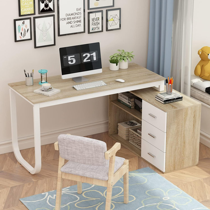 140cm Rotating L-Shaped Desk with 3 Drawers & Storage Shelves - Reversible Home Office Corner Desk, Oak/White, Oak