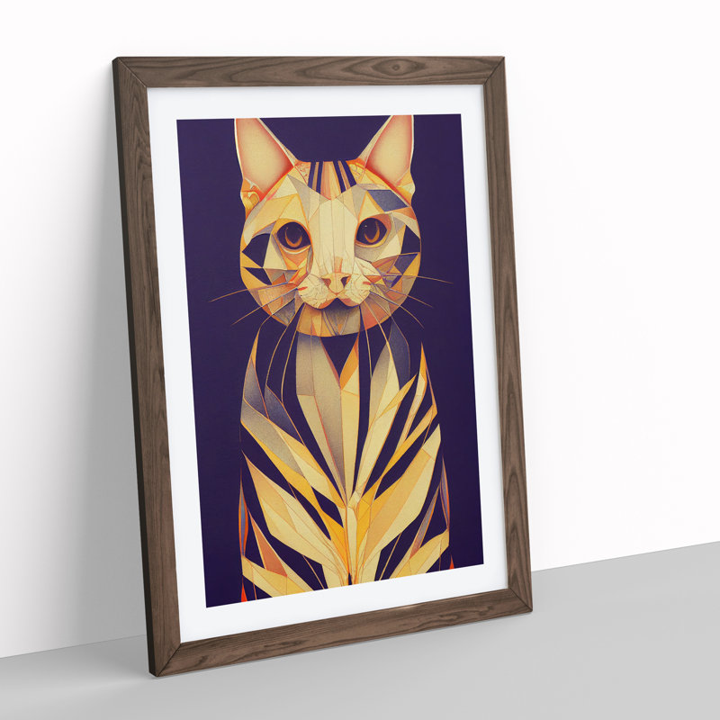 Cat Deco No.1 - Single Picture Frame Print, 64cm H x 46cm W x 2cm D, Brown Framed