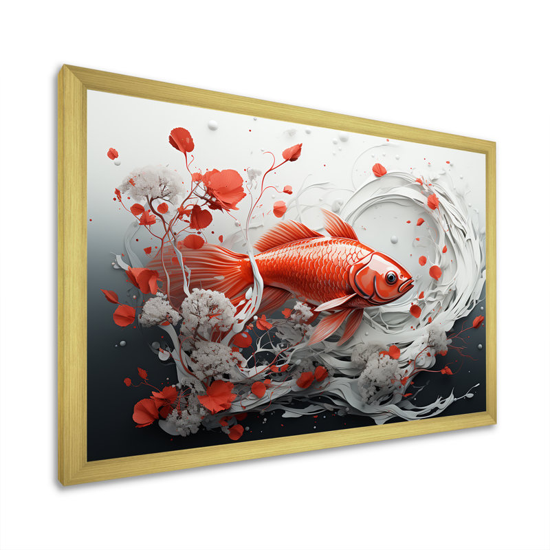 «Kois» rouge et gris nageant avec sérénité I sur toile, Cadre doré simple, H 16 po x l 32 po x P 1 po