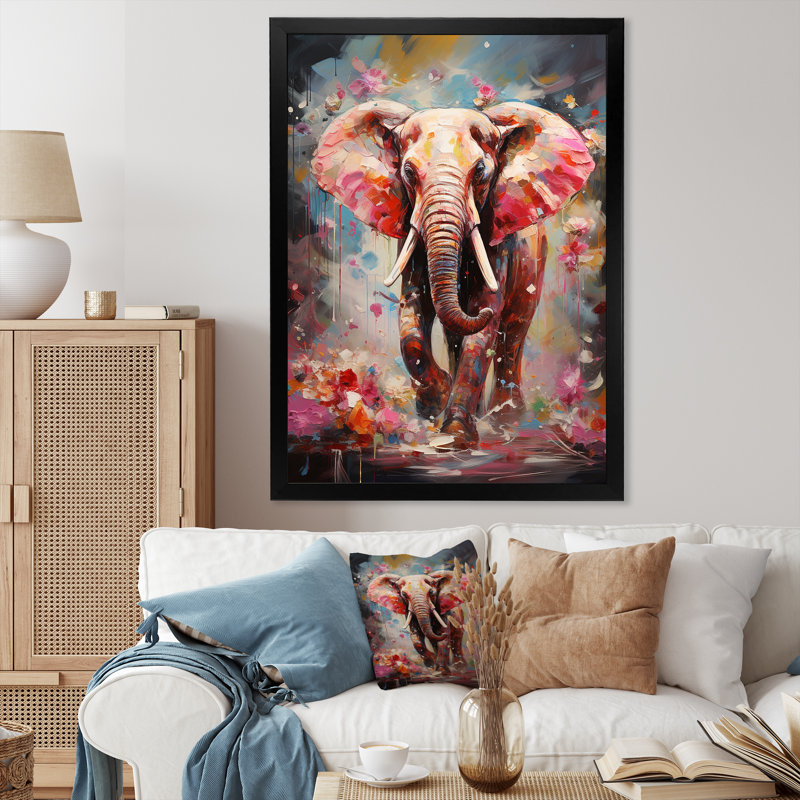 Imprimé sur toile, éléphant rose, Cadre simple noir, H 44 po x l 34 po x P 1,5 po