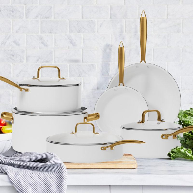 Batterie de cuisine en céramique antiadhésive allant au four 15 pièces, Blanc