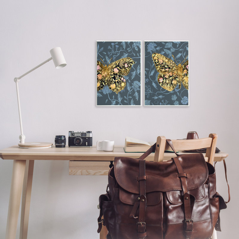 Ensemble de 2 plaques murales dorées à motif papillon noir et papillon doré par Melissa Wang