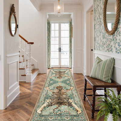 Veatrice Zephyr Modern Tiger Print Turquoise Machine Washable Non-Slip Area Rug