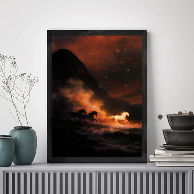 «Black Horsed Vintage Horses fonctionnant dans un environnement fumé», reproductions d'art encadrées de style rétro