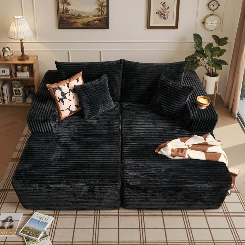 Vivelle 74.8" Oversized All-foam Double Chaise Lounge Sectional Sofa, Plush Corduroy Upholstered Cloud Couch Sleeper Loveseat, Comfy Floor-style Seating For Living Room Or Apartment