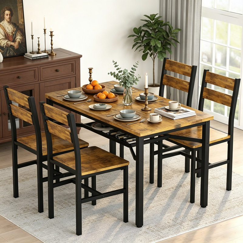 Modern Farmhouse Style 5-Piece Dining Room Table And Chairs Set, Rectangle Small Kitchen Table Set With 4 Chairs And Storage Rack, Particle Board Top And Metal Frame Dinette Set For 4, Space-Saving Design Bar Table Set