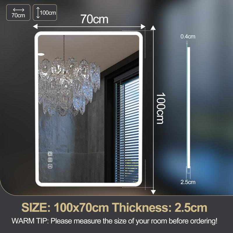 Modern Lighted Wall Mounted Bathroom Mirror in Clear, 100cm H x 70cm W