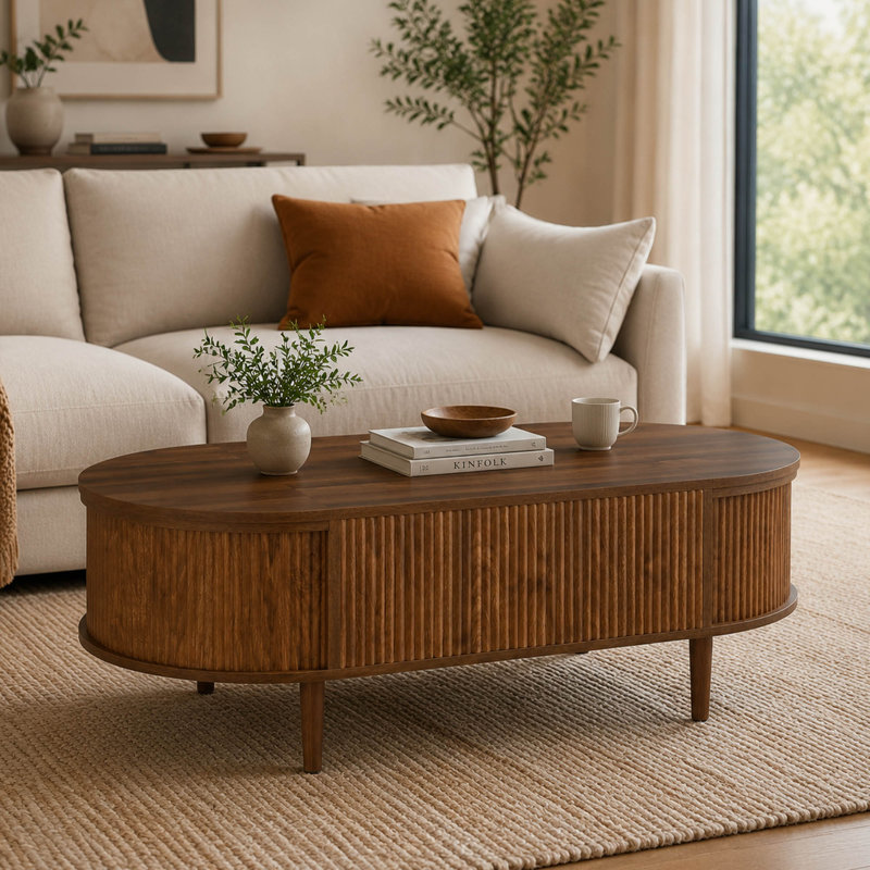 Table basse ovale à plateau relevable avec rangement caché, table basse en bois à finition grain de vague pour le salon
