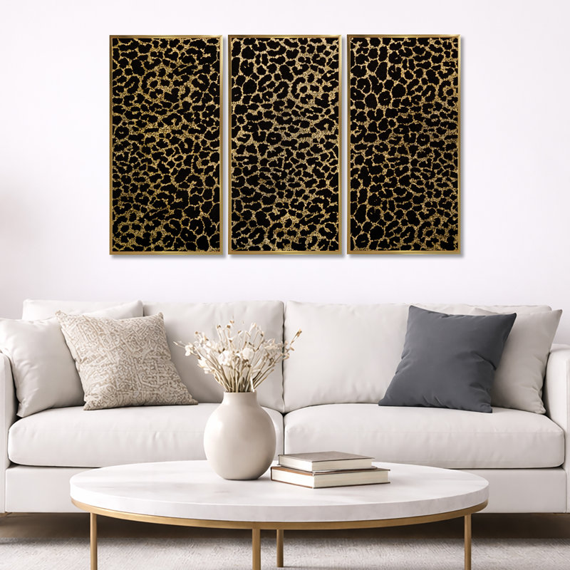 «Leopard Fur Safari V», reproduction de photo sur toile 3 pièces, Cadre doré, H 32 po x l 48 po x P 1 po