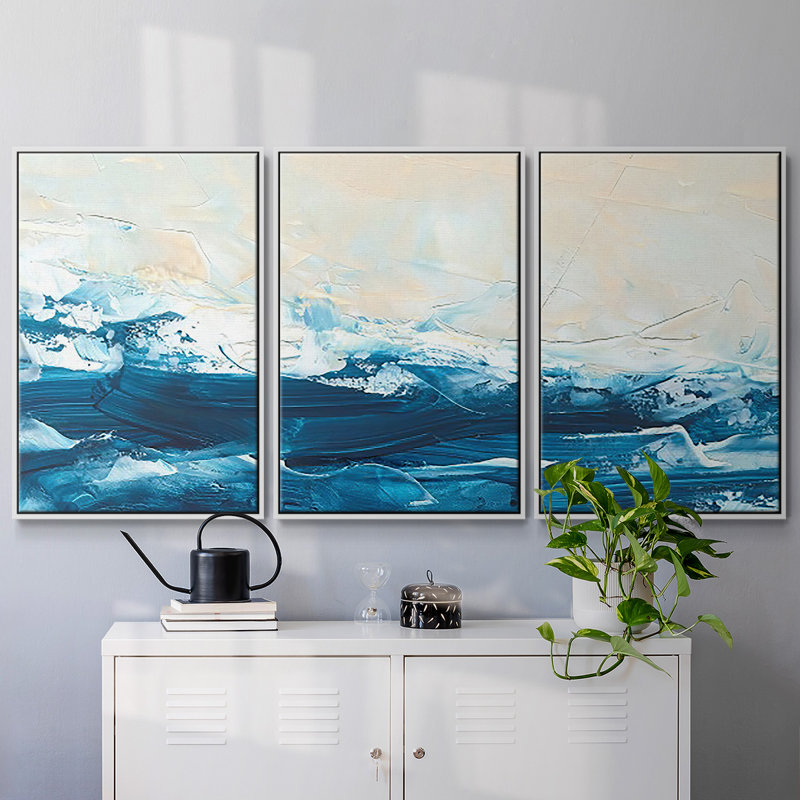«Wave After Wave III», reproduction sur toile 3 pièces, H 36 po x l 75 po x P 2 po, Blanc