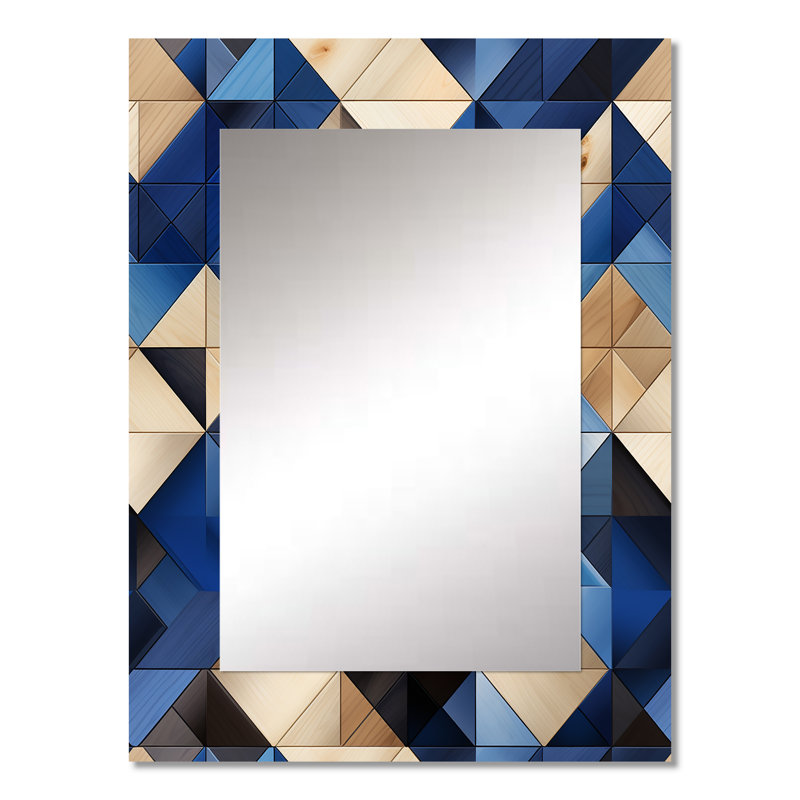 Zanzibar Beige And Blue Tiles Symmetry - Geometric  Wall Mirror, Geometric Decorative Mirror, Printed Metal Art, 32" x 24"