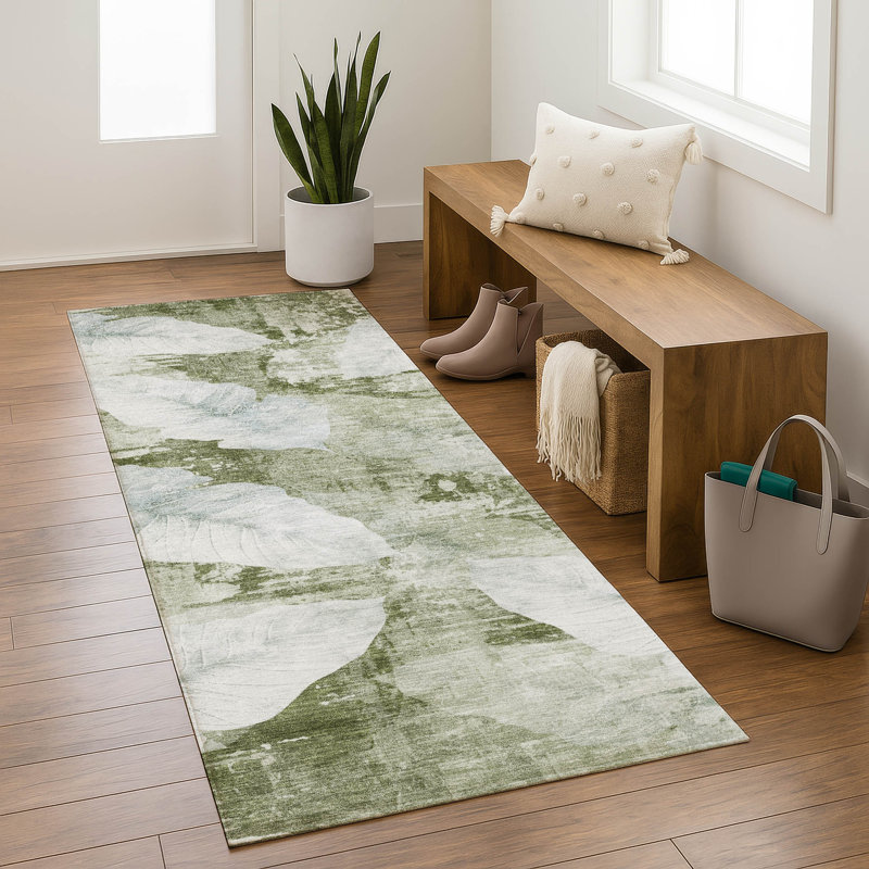 Premium Machine Washable Mayfield floral Rug, 2'3" x 7'6" Runner, Aloe