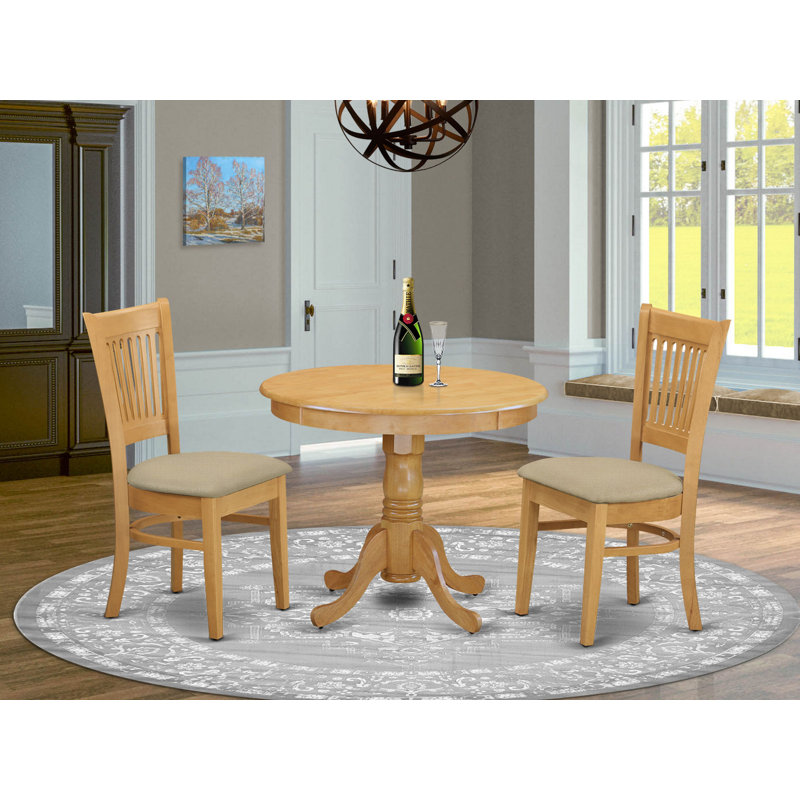 Ensemble de 3 tables de cuisine pour petits espaces comprenant une table de salle à manger ronde avec piédestal et 2 chaises rembourrées en tissu de lin, 36 x 36 pouces, chêne