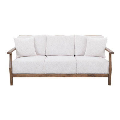 Forest Brown Wood Frame Upholstered Sofa with Beige Fabric Cushions