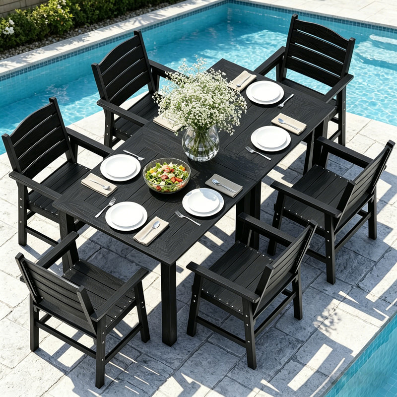 Outdoor Dining Set For 6 Person All Weather 8 Piece HIPS Outdoor Patio Table And Chairs Set With Aluminum Frame Plastic Outside Furniture For Backyard, Garden, Deck, Poolside, Black