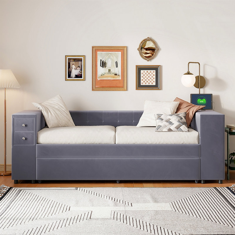 Lit rembourré avec rangement et lit gigogne simple, Gris
