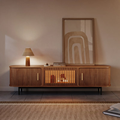Mid-Century Modern Tambour Door TV Stand With LED Lights, Fully Assembled