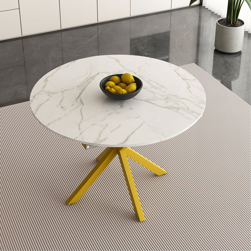 Table à manger ronde moderne et simple avec pales extensibles, base en acier au carbone en X, robuste et durable, convenant aux restaurants, petits appartements et cuisines (peut accueillir 4 à 6 personnes)