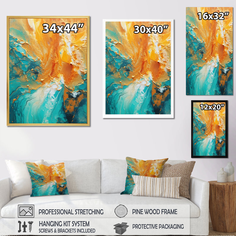 «Golden Ocean Waves Turquoise Abstract», reproduction d'art sur toile, H 20 po x l 12 po x P 1 po, Cadre simple argenté