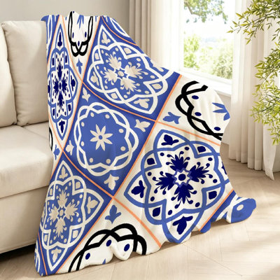 Jeté en flanelle bleue ultra douce, impression d'un seul côté Arabesque