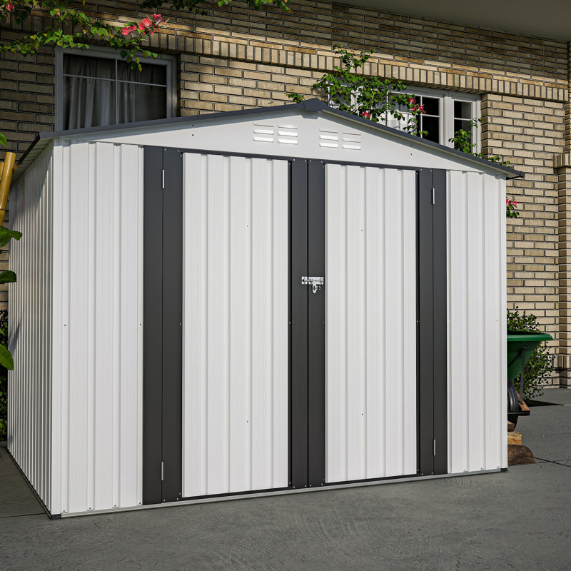 8X6 Ft All Weather Metal Shed, White - 2 Lockable Doors For Garden, Backyard, Lawn Build-Up With Ventilation Rust Shed Proper Construction