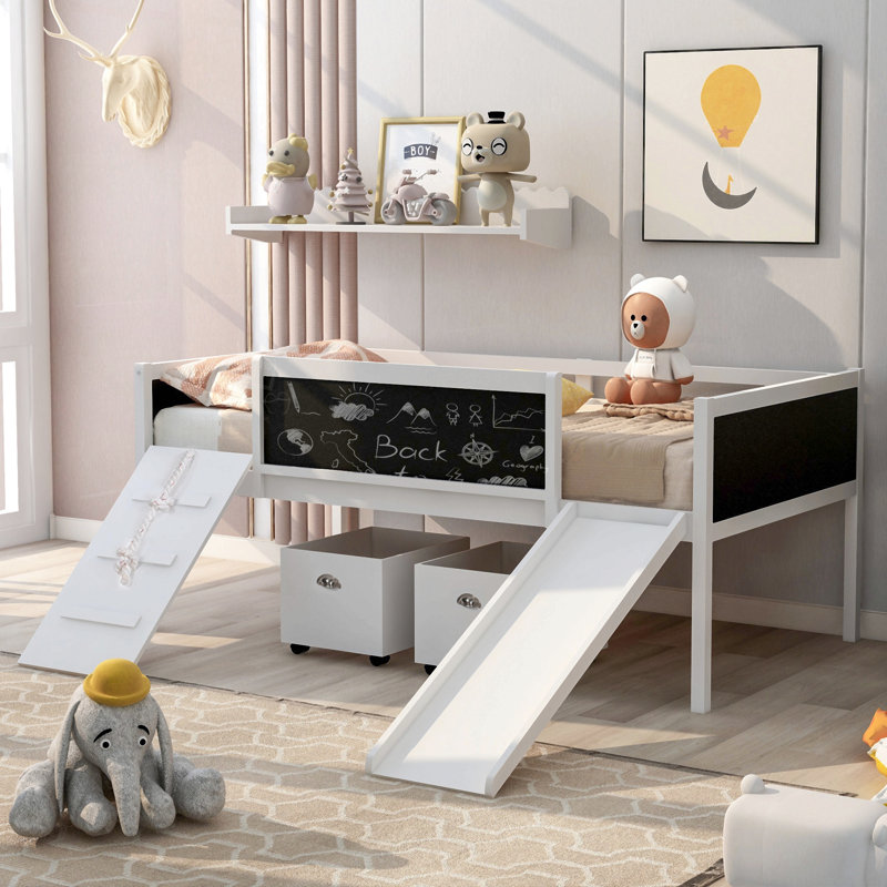 Lit mezzanine simple en bois avec deux boîtes de rangement, Blanc
