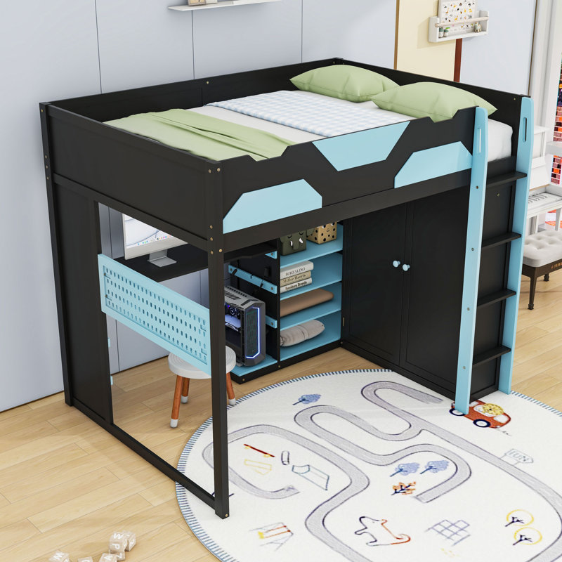 Lit mezzanine double avec DEL RVB, charge USB et bureau réglable, Bleu nuage